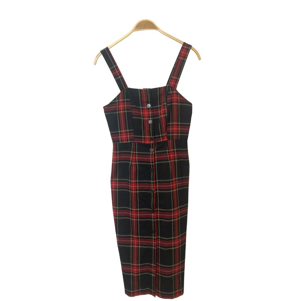 Bershka Red Black Tartan Plaid Button Snap Front Sleeveless Overall Midi Dress